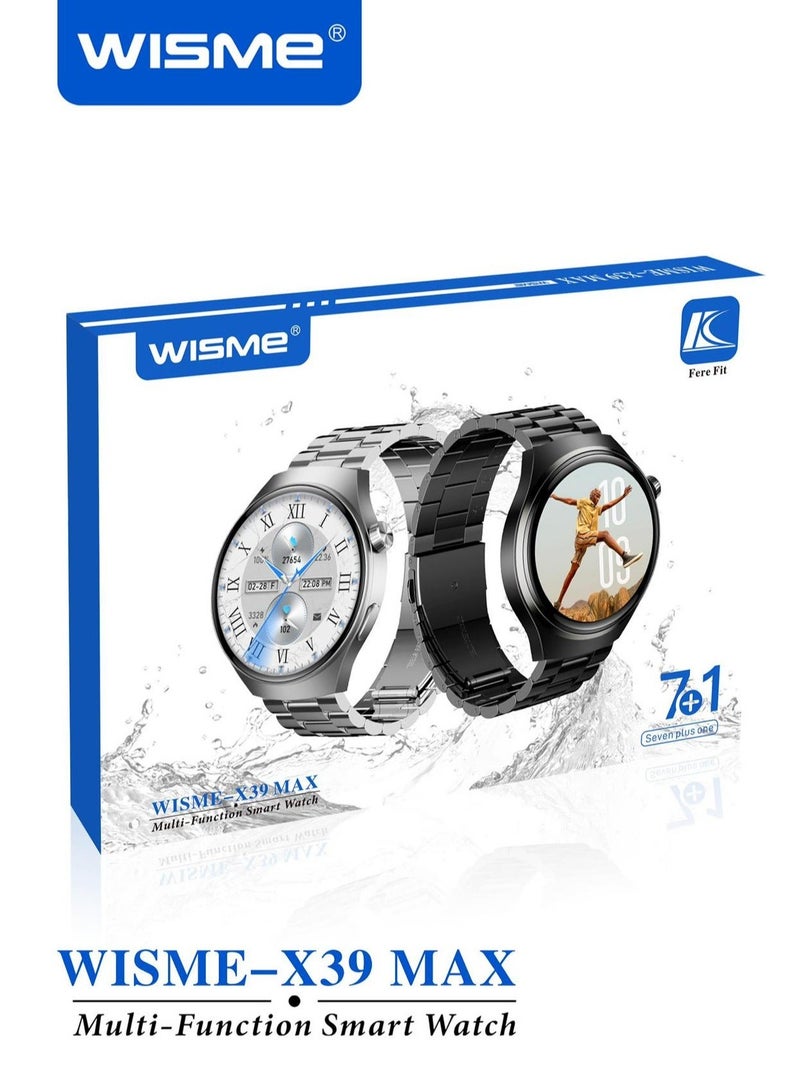 WISME X39 MAX Multi-Function Smart Watch With 7 Pair Straps and Charging Cable Designed for Mens Silver - Image 4